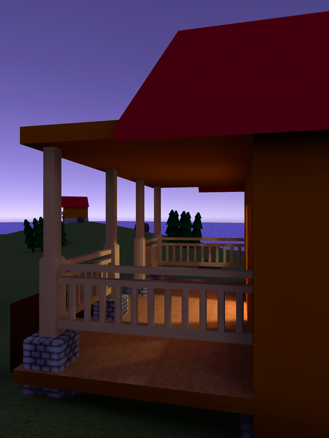 A 3D render of a cabin on an island, taken using the camera in Compensation VR.