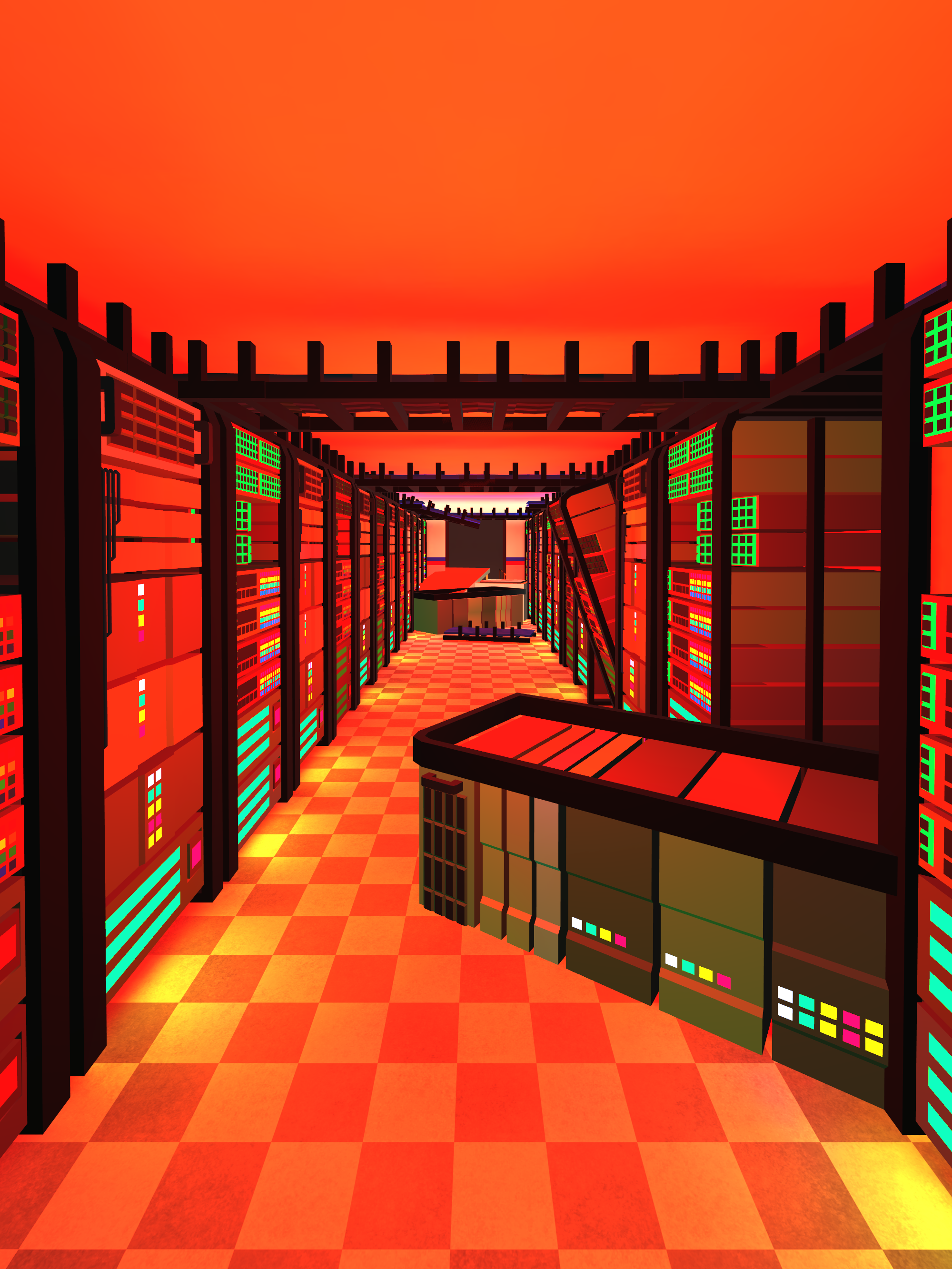 A 3D render of a server room, with several server racks collapsed and warning lights illuminating the room.