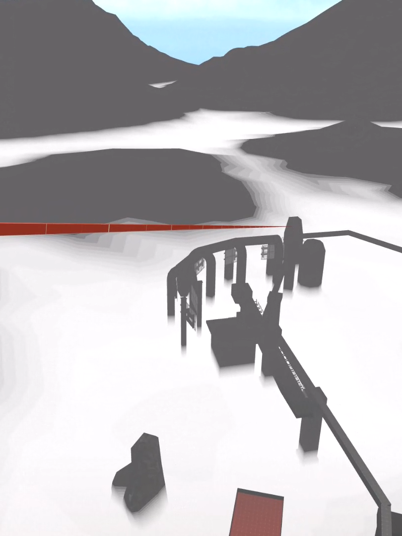 A high-altitude, foggy screenshot of a mountain range containing a large pipeline. Leading from the foreground towards the pipeline buildings is a guy wire from a radio tower.