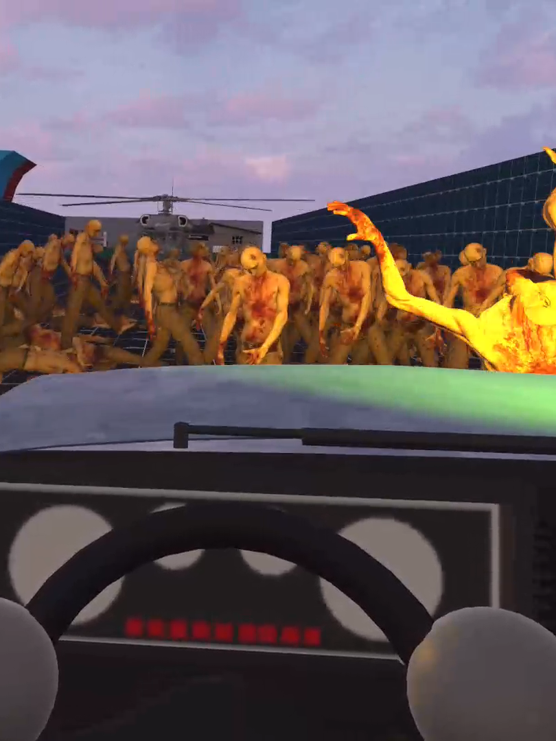 A screenshot from inside a truck, with a crowd of zombies surrounding it. In the background is a UH-60 Blackhawk helicopter.